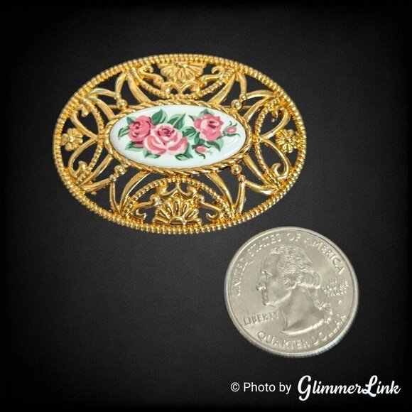 Vintage Avon Pastel Lace Floral Oval Filigree Gold Tone Brooch - Picture 4 of 6